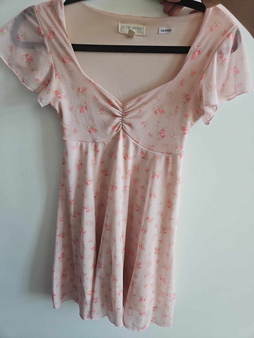 See You Monday Pink Floral Ruched V-Neck Dress